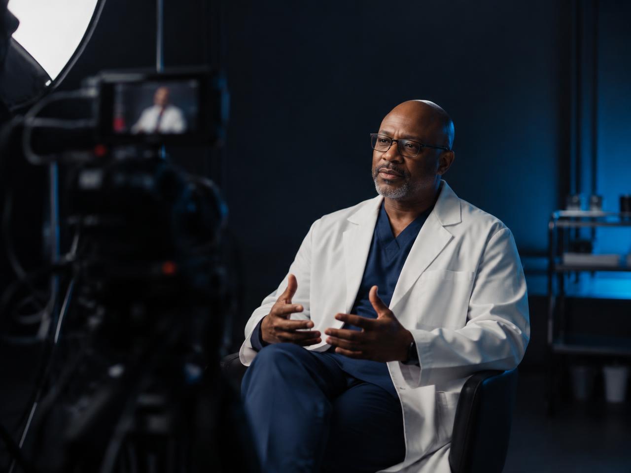 Healthcare specialist recording a client interview in a production studio