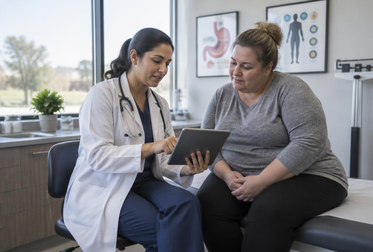 Physician reviewing a care plan on a tablet with a patient in a clinic