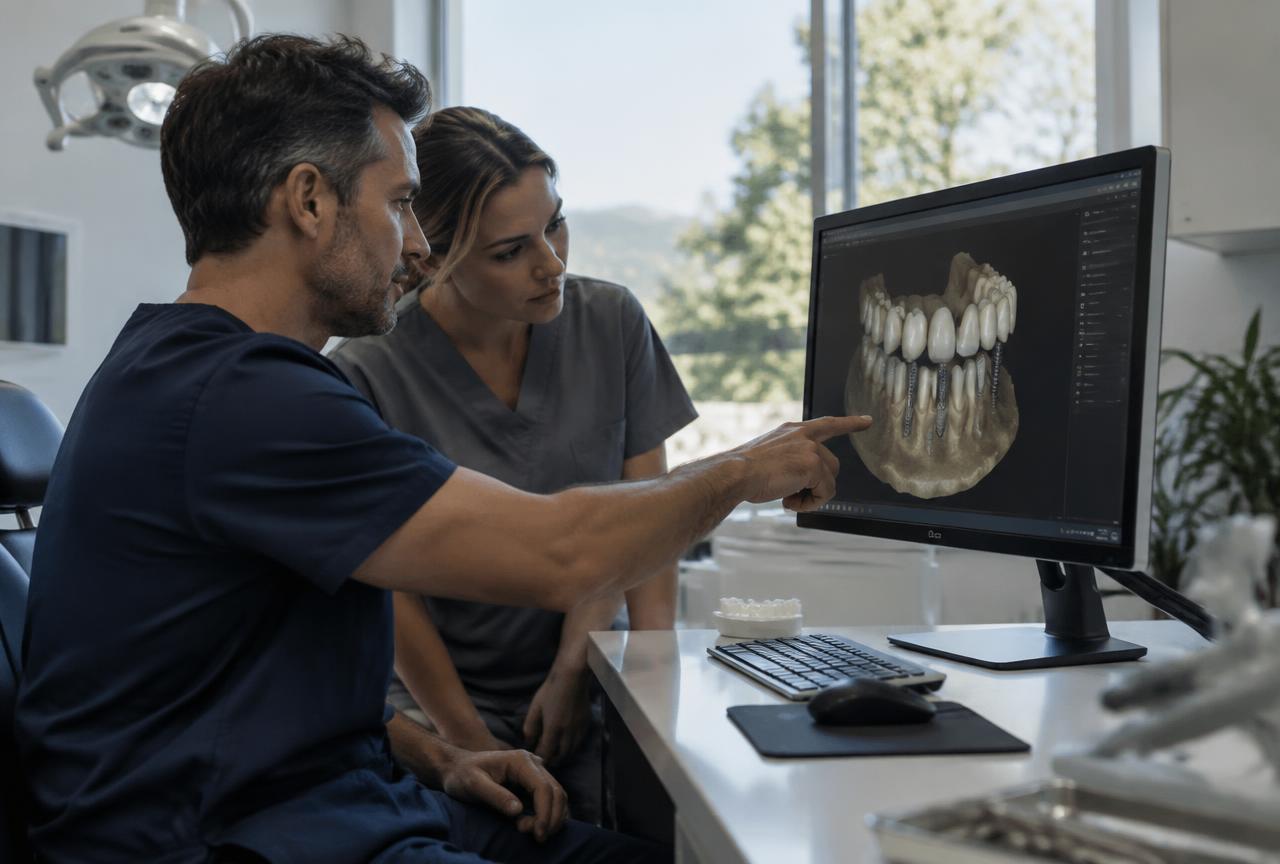 Dentist and assistant reviewing a 3D dental implant scan on a monitor