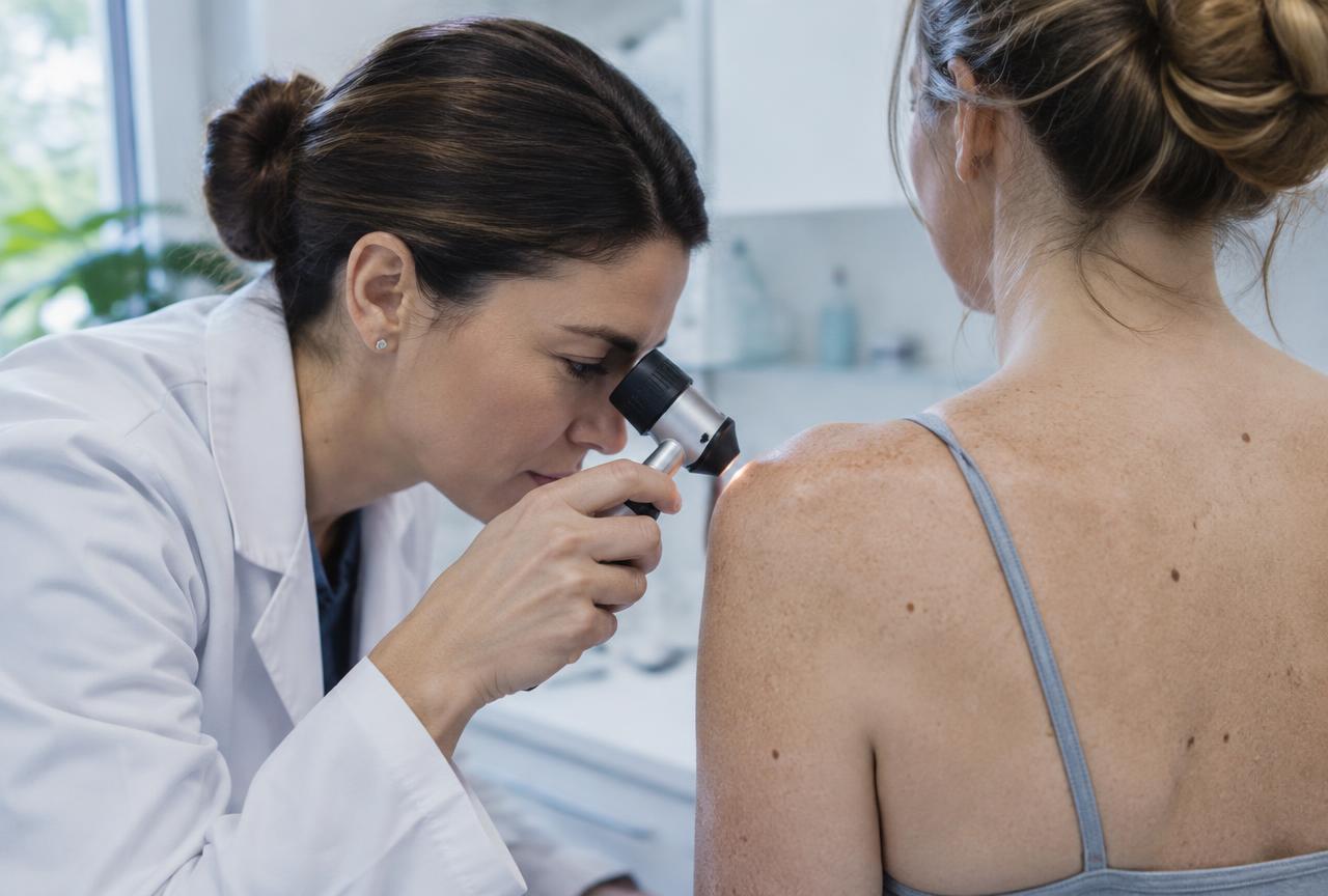 Dermatologist examining a patient's skin with a dermatoscope