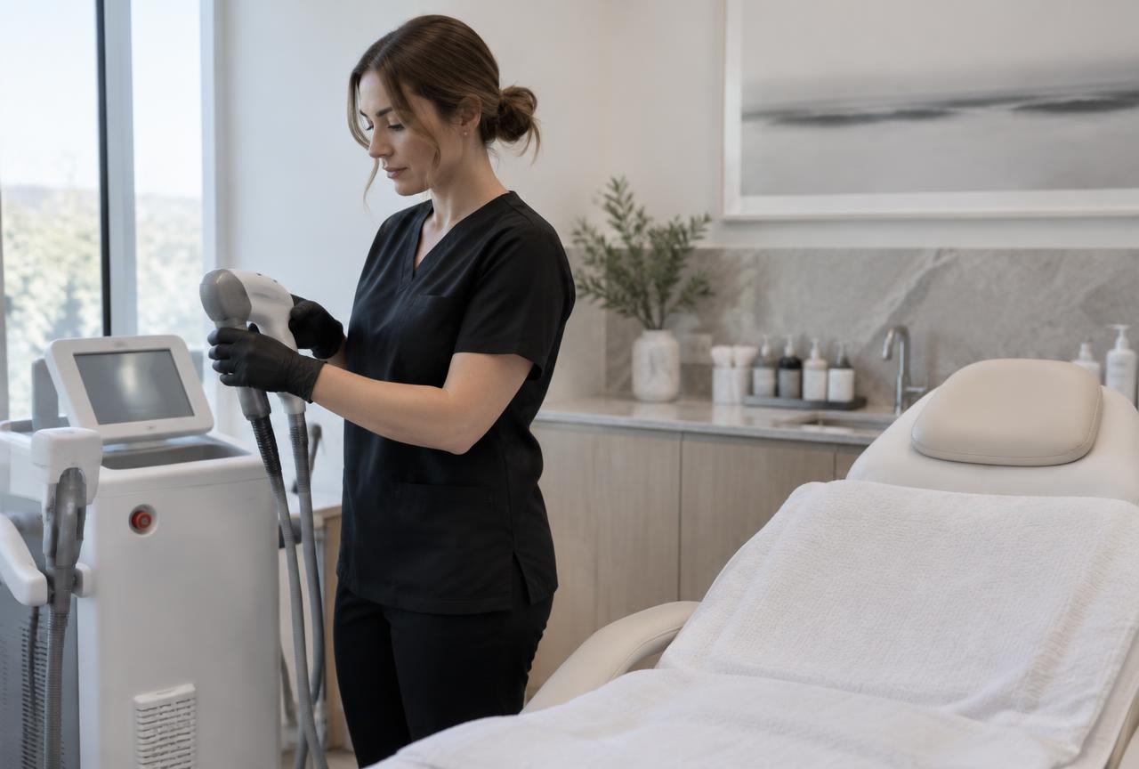 Aesthetic nurse preparing a laser device in a modern med spa treatment room