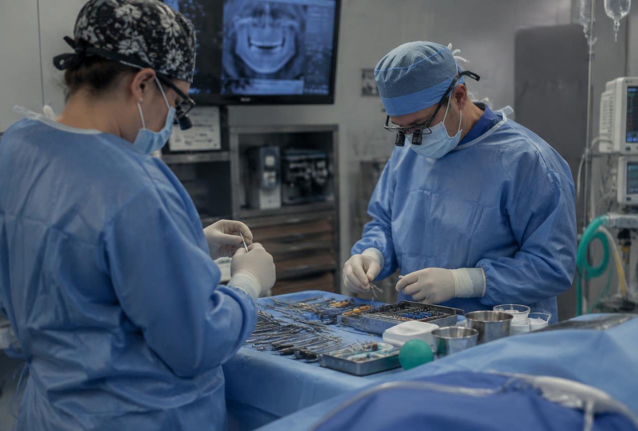 Oral surgery team preparing sterile instruments before a procedure
