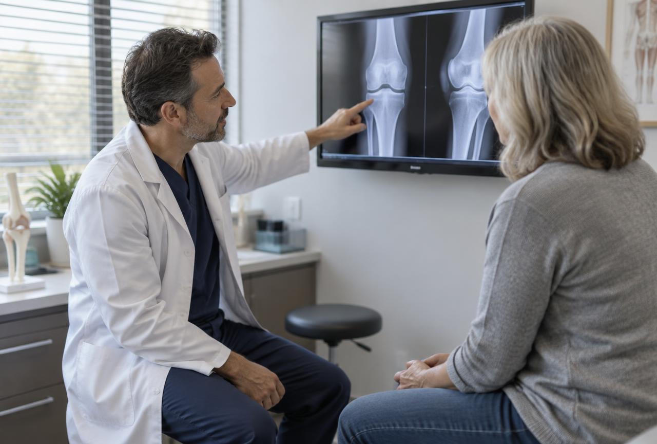 Orthopedic physician reviewing a knee X-ray with a patient