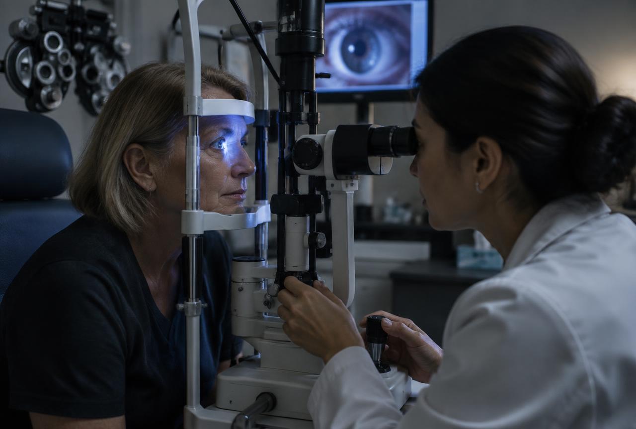 Ophthalmologist examining a patient at a slit lamp
